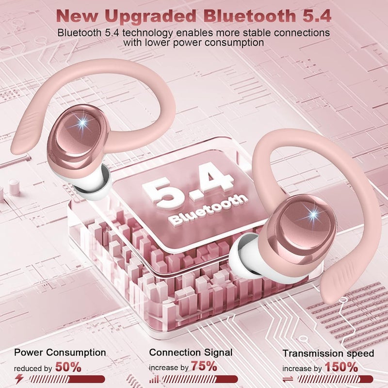 Hupoaf Wireless Earbuds Sport, New Bluetooth 5.4 Headphones with Earhooks, 50H Stereo Deep Bass Over Ear Buds with 4 ENC Noise Canceling Mics, IP7 Waterproof Earphones for Running Workout Gym -Rose - Image 3